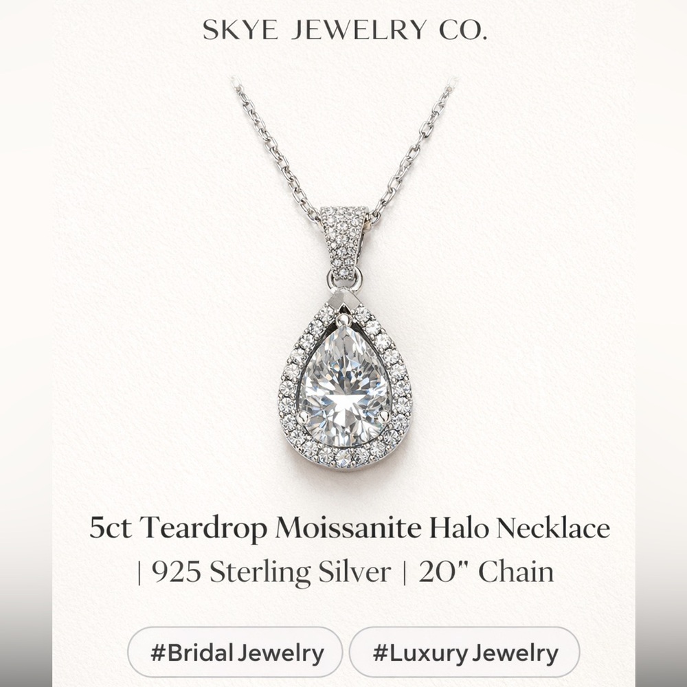 5ct Teardrop Moissanite Necklace | Sterling Silver Halo | 20”